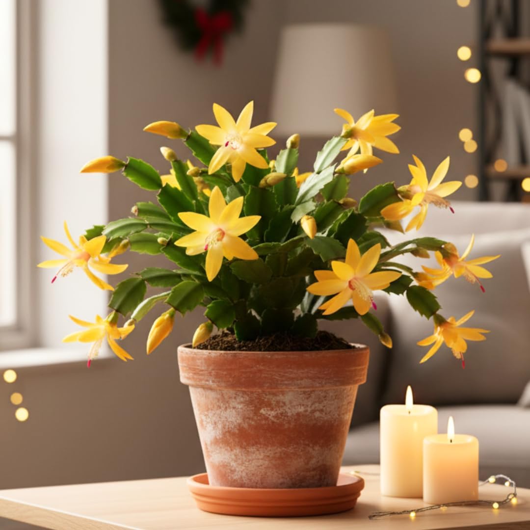 Yellow Christmas Cactus Plant Live | 3 to 4 Inch Tall Indoor Decorative Plant for Home & Office | Christmas Plants Live Houseplants