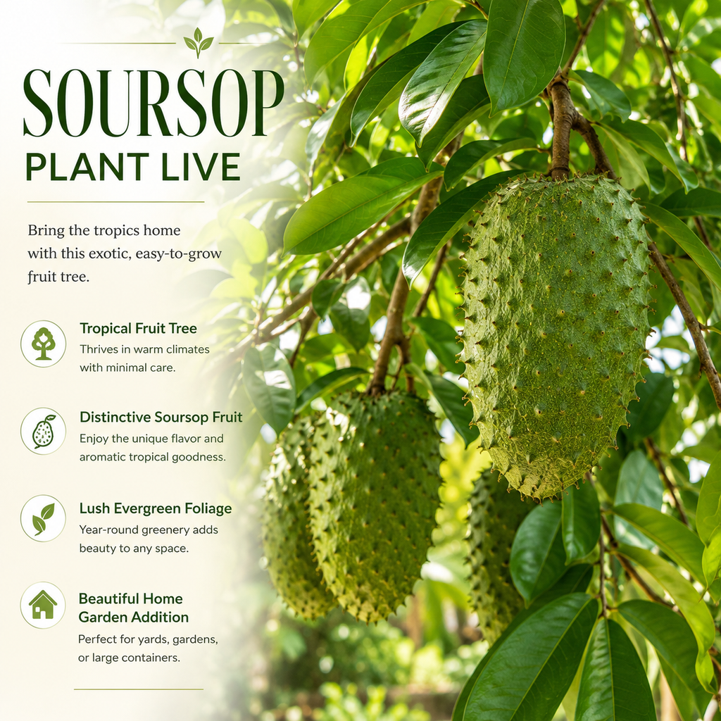 Soursop Tree Live Plant, Annona Muricata 2-3 Ft Potted in 3 Gallon Pot, Tropical Evergreen Fruit Tree for Home Orchards (No Ship to CA,HI,AK)
