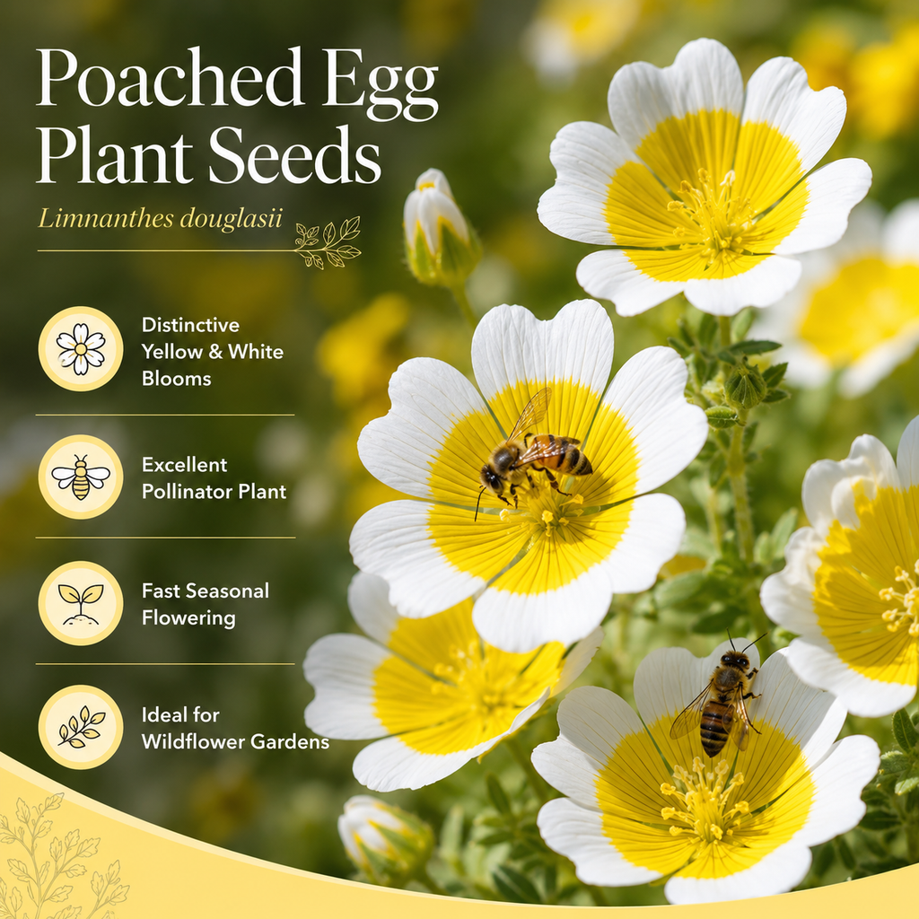 60 Pcs Poached Egg Seeds, Non-GMO, Meadowfoam Seeds, Easy Care, Yellow & White Flower Ground Cover, for Garden Borders and Pots