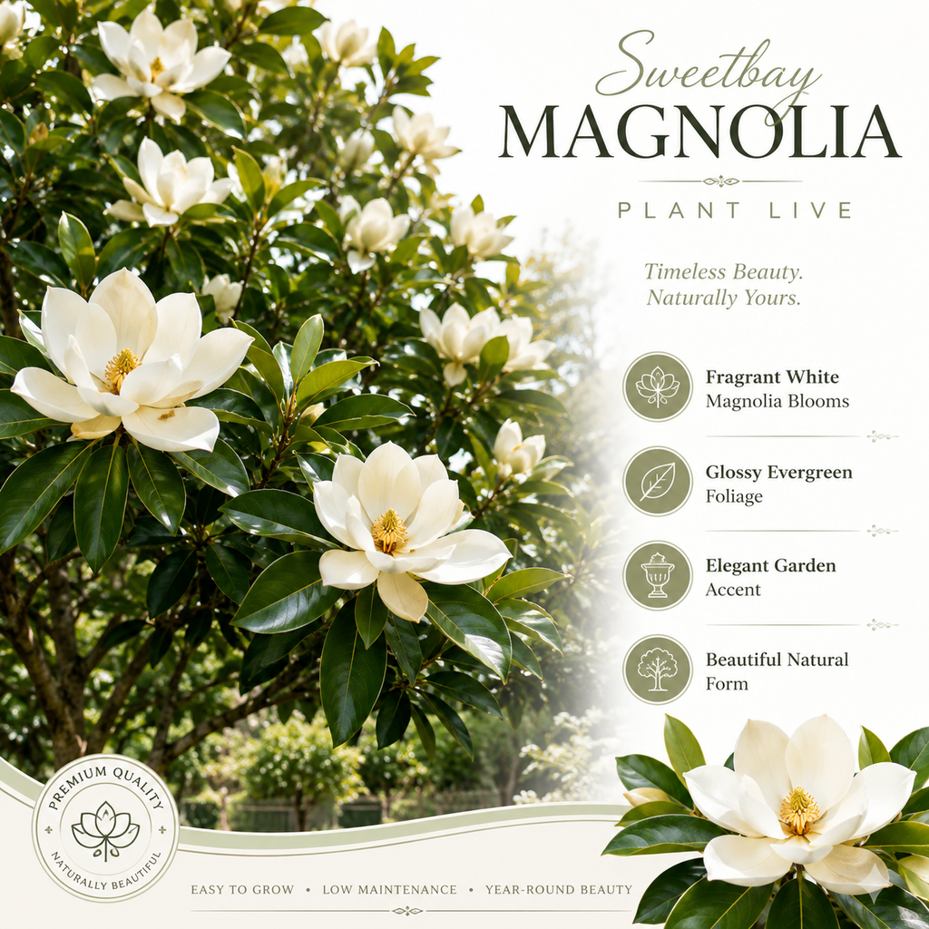 Sweetbay Magnolia Plant, 3 Feet Tall in 3 Gallons Pot, Vigorous Flowering Shrub for Backyard Gardens & Patios, Elegant White Blossoms & Semi-Evergreen Foliage