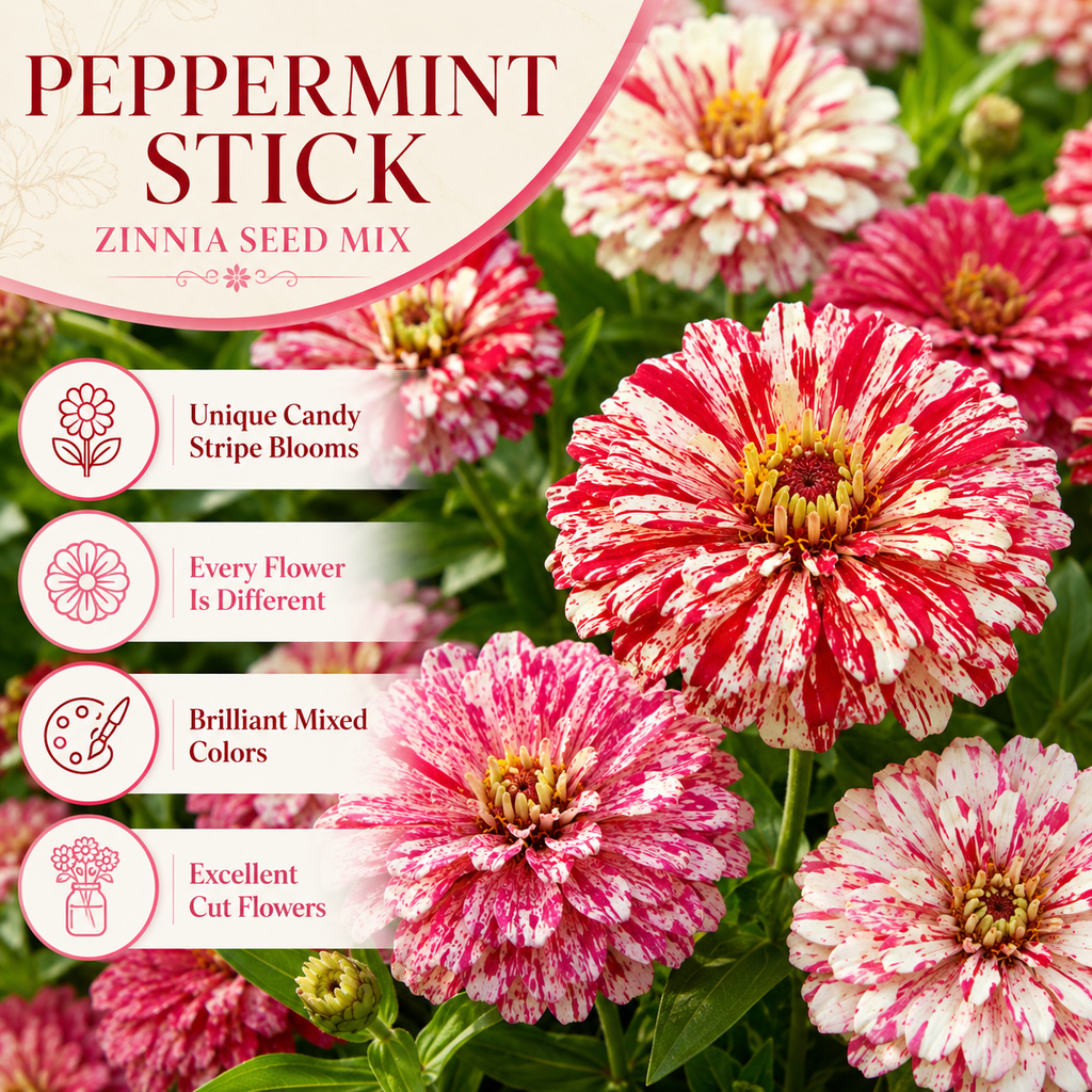 25 Peppermint Stick Zinnia Seeds Mix, Non GMO, Easy to Grow, High-Yielding Splattered Stripe Blooms for Eye-Catching, Ideal for Pots & Garden Borders