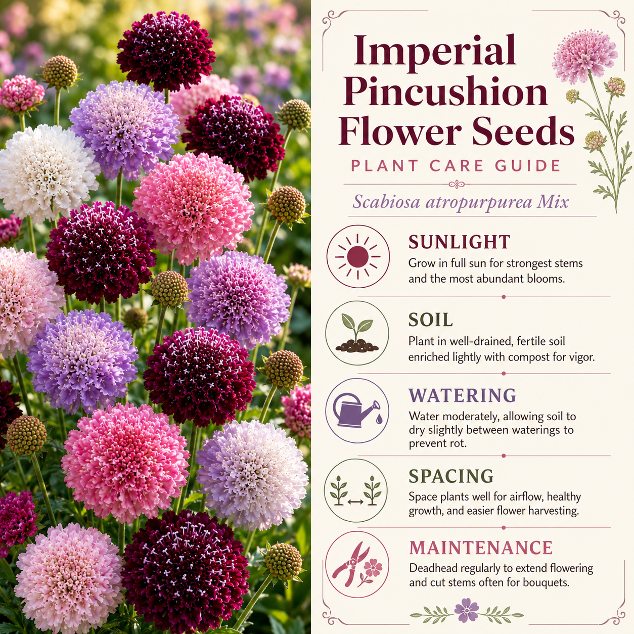100 Imperial Pincushion Flower Scabiosa Seeds for Planting, Non GMO, Heirloom, Vibrant Multi-Color Double Blooms, Annual Flower Seeds, for Gardens & Landscaping
