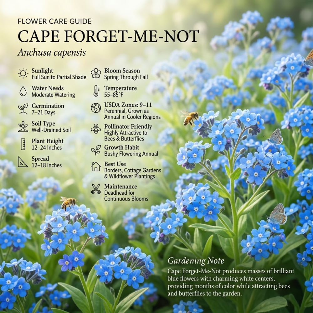 600 Pcs Cape Forget Me Not Seeds, Vigorous, Cold-Hardy Plants, Grow Robust True Blue Blooms for Edging, Rock Gardens & Outdoor Landscapes