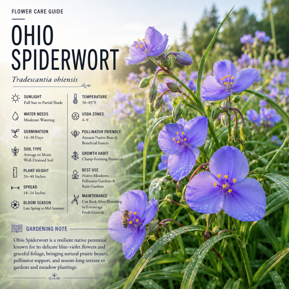 300 Pcs Ohio Spiderwort Seeds for Outdoors, Non-GMO Heirloom Flowers for Patios, Easy to Care Outdoor Décor, Low Maintenance Displays