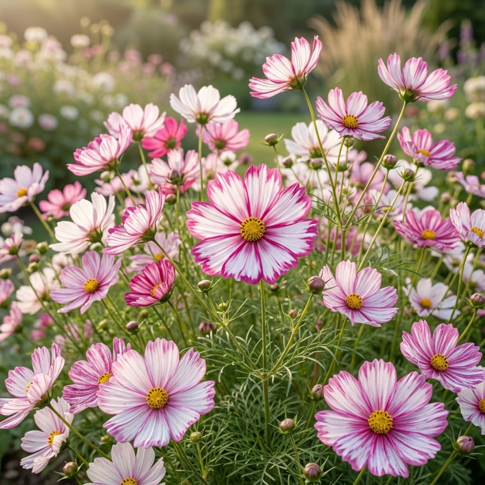180 Pcs Cosmos Flower Seeds for Outdoors, Candystripe Cosmos, Robust Feathery Foliage & Bright Striped Blooms, Easy to Care Outdoor Yard Decor