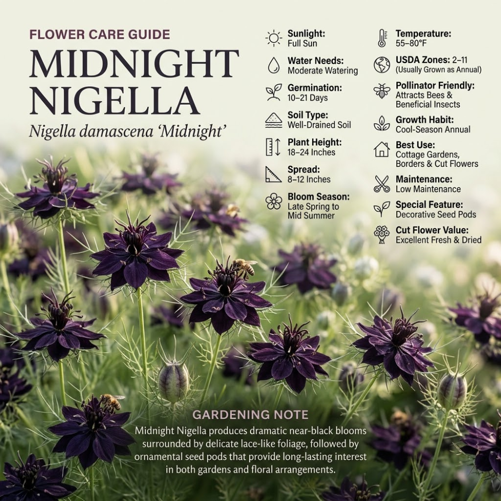 300 Pcs Midnight Nigella Seeds, Non-GMO Heirloom Flowers for Patios, Vigorous Growth Delivering Spectacular Star-Shaped Petals
