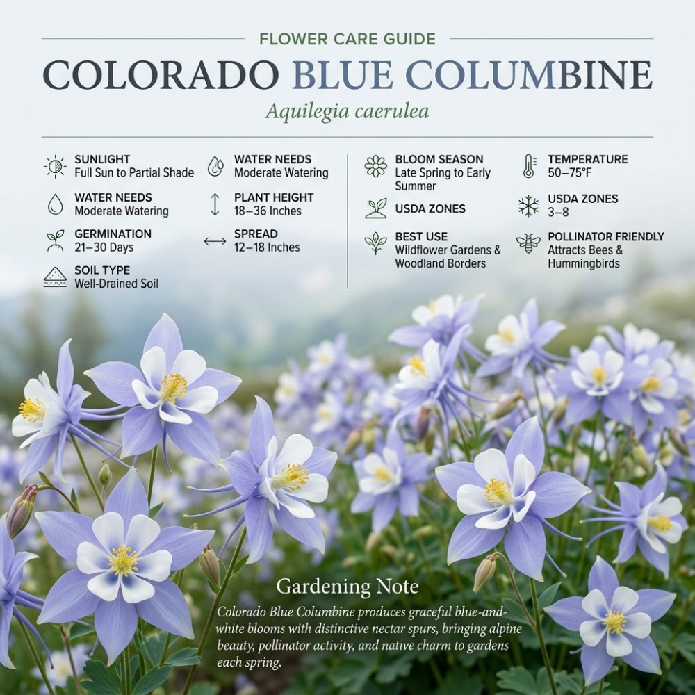 200 Pcs Columbine Seeds, High Germination Blue Colorado for Planting, Robust Low Maintenance Striking Bi-Color Flowers for Partially Shaded Gardens
