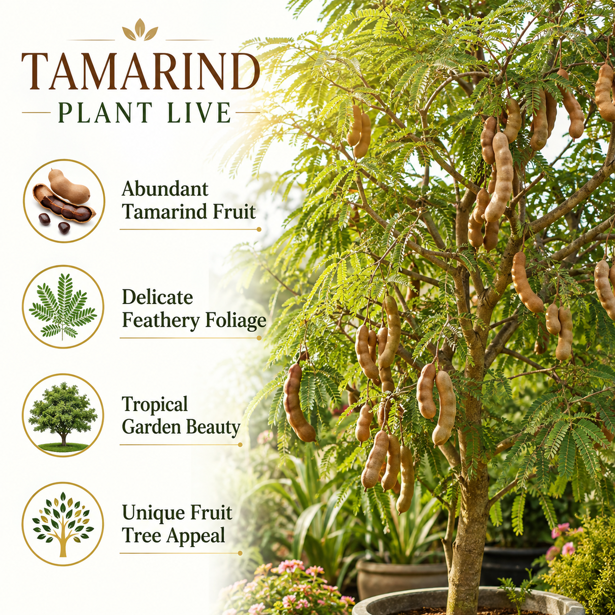 Sweet Tamarind Live Plant, 1 Gallon Pot, 1 Feet Tall, Potted Tropical Fruit Tree Starter for Backyard and Large Containers (No Ship to CA, HI, AK)