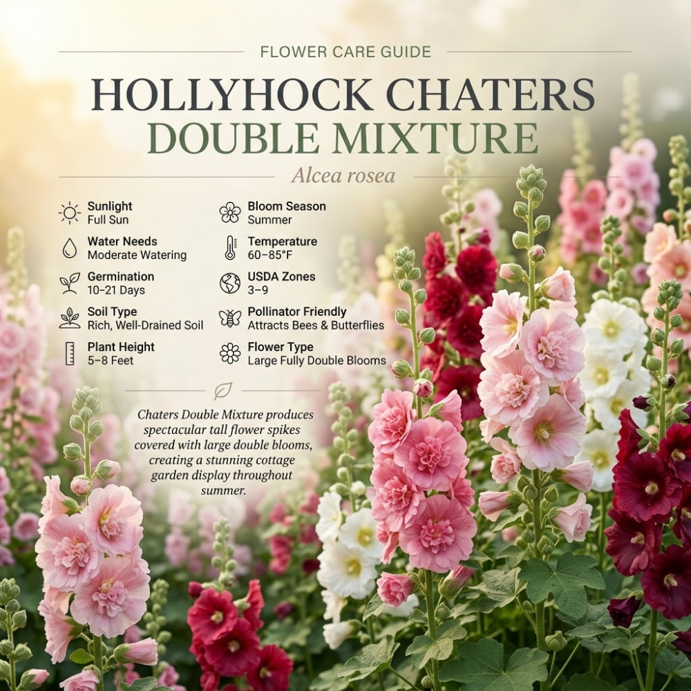150 Hollyhock Seeds Perennial, Sturdy Chaters Double Mix Heirloom, Vigorous Flowers Yielding Striking Ruffled Blooms for Backyards, Easy to Care