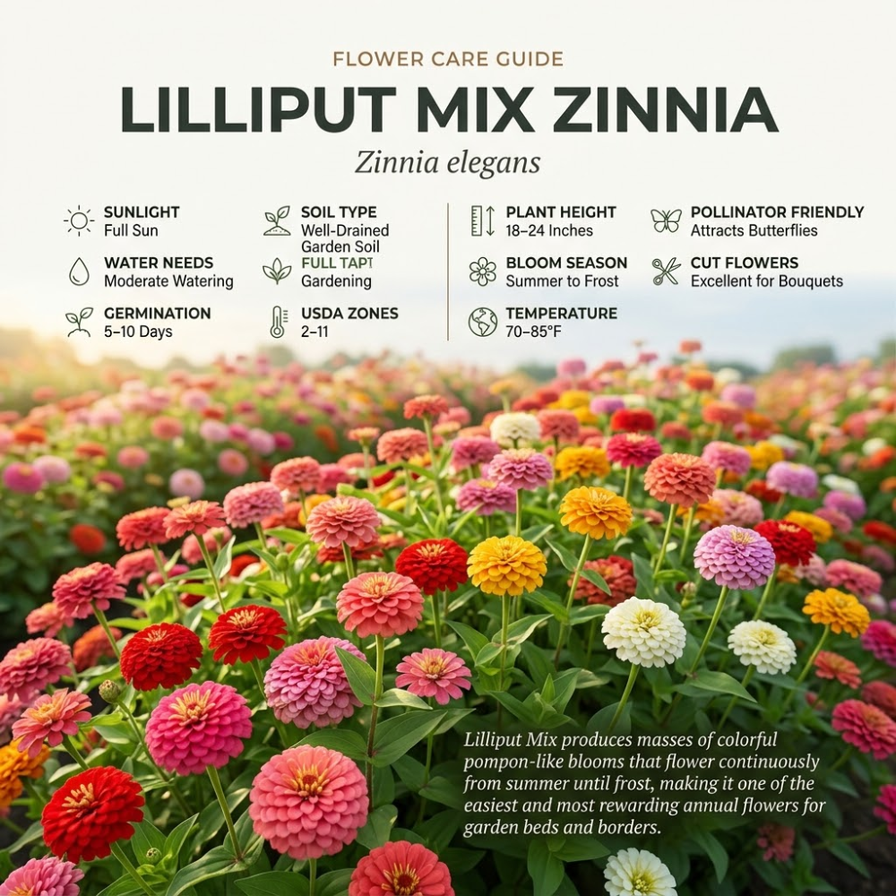 150 Zinnia Seeds for Planting Outdoors, Lilliput Mix Heirloom, Vigorous Dwarf Flowers Yielding Striking Pom-Pom Blooms for Balconies, Easy to Care
