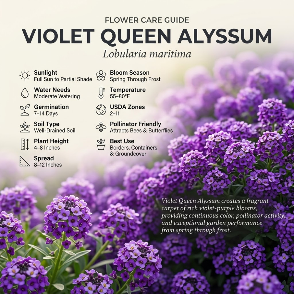 300 Sweet Alyssum Seeds for Planting Outdoors, Sturdy Violet Queen Heirloom, Vigorous Ground Cover Yielding Striking Blooms for Balconies