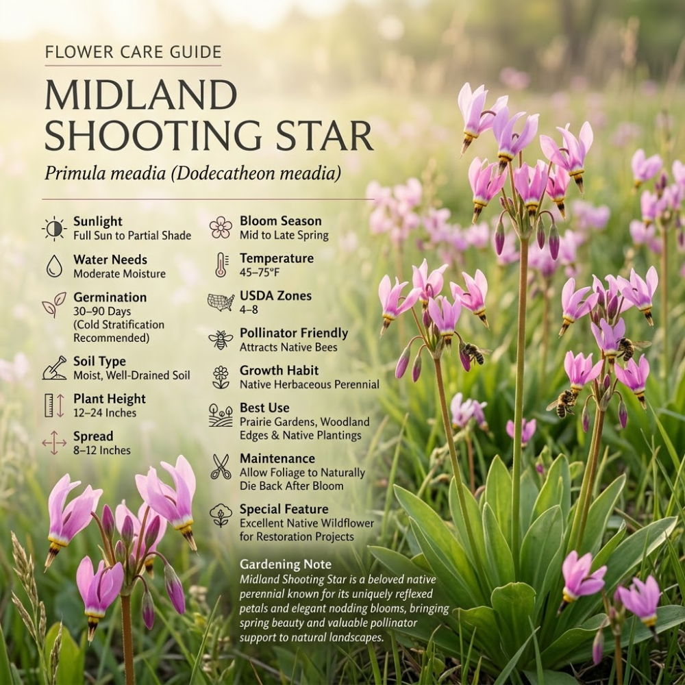 75 Pcs Midland Shooting Star Seeds, Non-GMO Heirloom Flowers for Shade, Vigorous Growth, Low Maintenance Displays