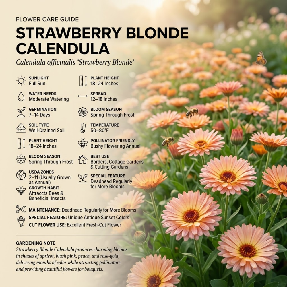 75 Pcs Strawberry Blonde Calendula Seeds, Vigorous, Cold-Hardy Plants, Grow Robust Pastel Blooms for Edging, Raised Beds