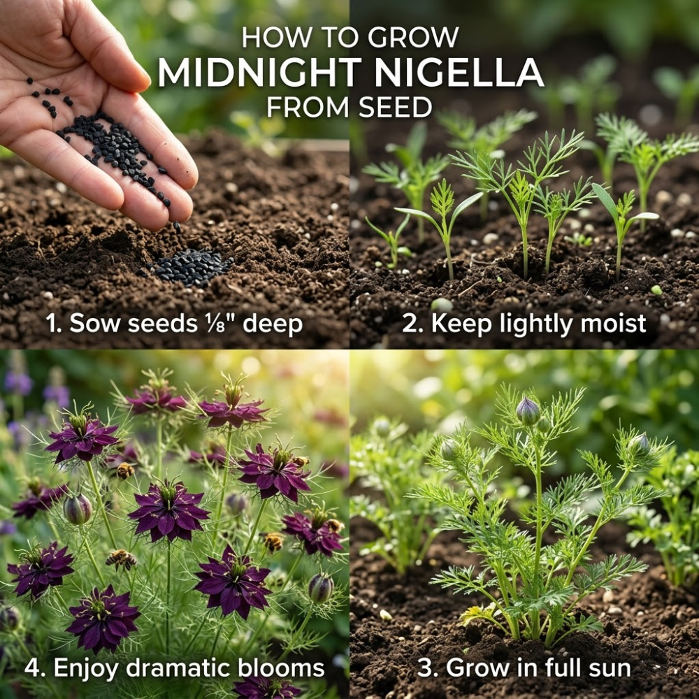 300 Pcs Midnight Nigella Seeds, Non-GMO Heirloom Flowers for Patios, Vigorous Growth Delivering Spectacular Star-Shaped Petals