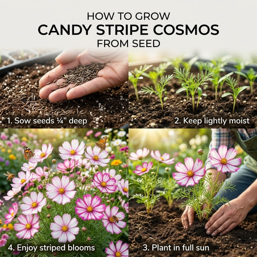 60 Pcs Candystripe Cosmos Seeds for Planting, Non-GMO Heirloom Pink & White Striped Flowers, Low Maintenance Blooms for Yard Borders