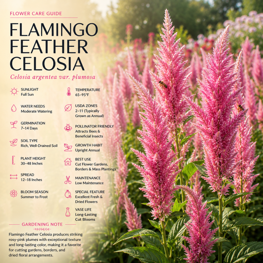 75 Pcs Flamingo Feather Celosia Seeds for Outdoors, Adaptable Heirloom Yielding Striking Light Pink Plumes, Low Maintenance Cut Flowers