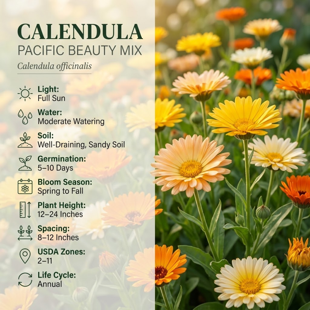 150 Calendula Seeds for Planting Outdoors (3 Packs), Heirloom Pacific Beauty Mix, Vigorous Flowers Yielding Striking Blooms for Balconies, Easy to Care