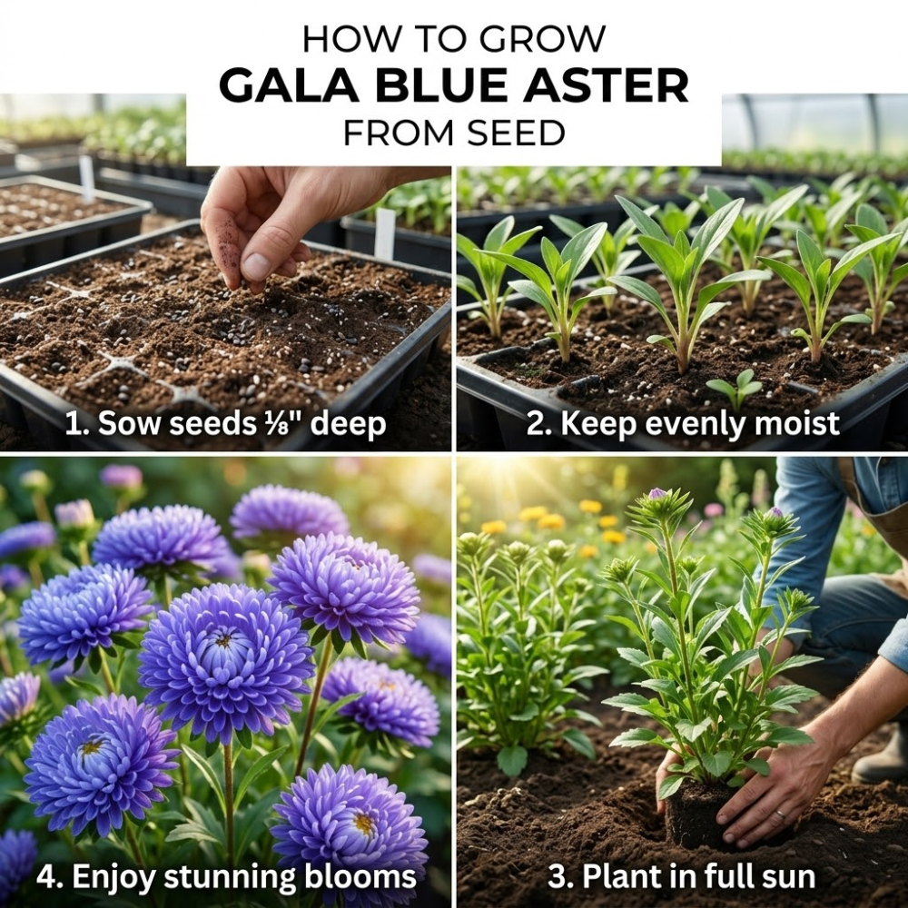 25 Pcs Gala Blue Aster Seeds for Planting Outdoors, Non-GMO Heirloom Fall Flowers, Low Maintenance Vibrant Violet-Blue Blooms for Yard Borders