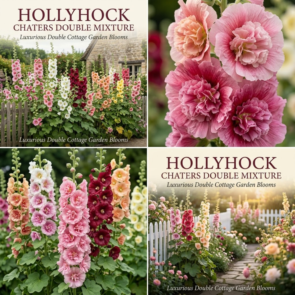 150 Hollyhock Seeds Perennial, Sturdy Chaters Double Mix Heirloom, Vigorous Flowers Yielding Striking Ruffled Blooms for Backyards, Easy to Care