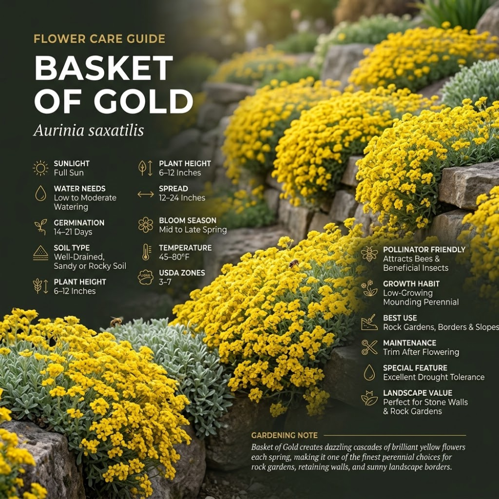 300 Pcs Basket of Gold Alyssum Flower Seeds, Cold-Hardy Perennial Plants, Grow Robust Golden Yellow Blooms for Ground Cover