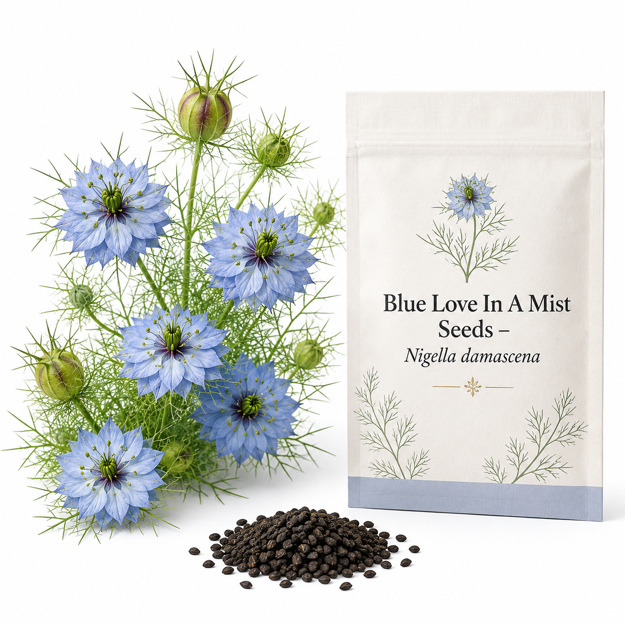 Blue Love In A Mist, 300 Nigella damascena Flower Seeds, Non-GMO, Annual High-Yield Soft Blue Misty Blooms, Ideal for Window Boxes, Borders & Gardens