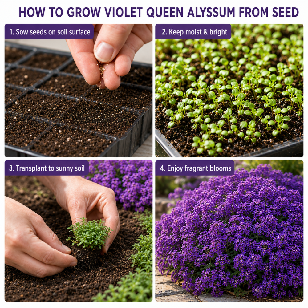 300 Sweet Alyssum Seeds for Planting Outdoors, Sturdy Violet Queen Heirloom, Vigorous Ground Cover Yielding Striking Blooms for Balconies