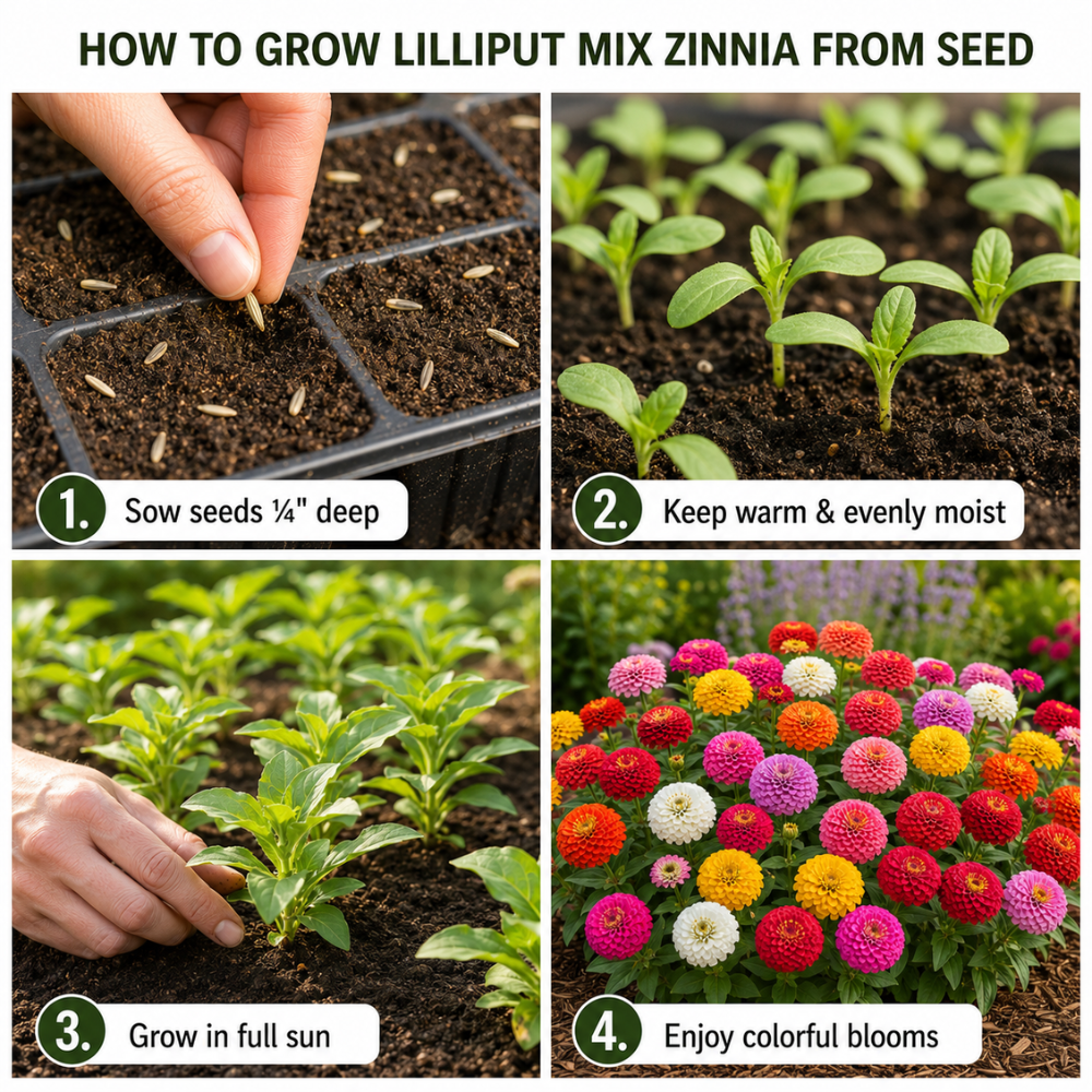150 Zinnia Seeds for Planting Outdoors, Lilliput Mix Heirloom, Vigorous Dwarf Flowers Yielding Striking Pom-Pom Blooms for Balconies, Easy to Care