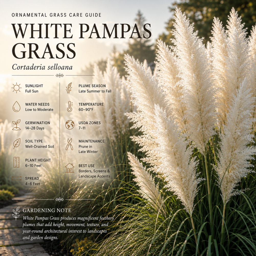 200 White Pampas Grass Seeds, High Germination Ornamental Grass for Planting, Robust Low Maintenance Tall Plumes for Sunlit Landscapes