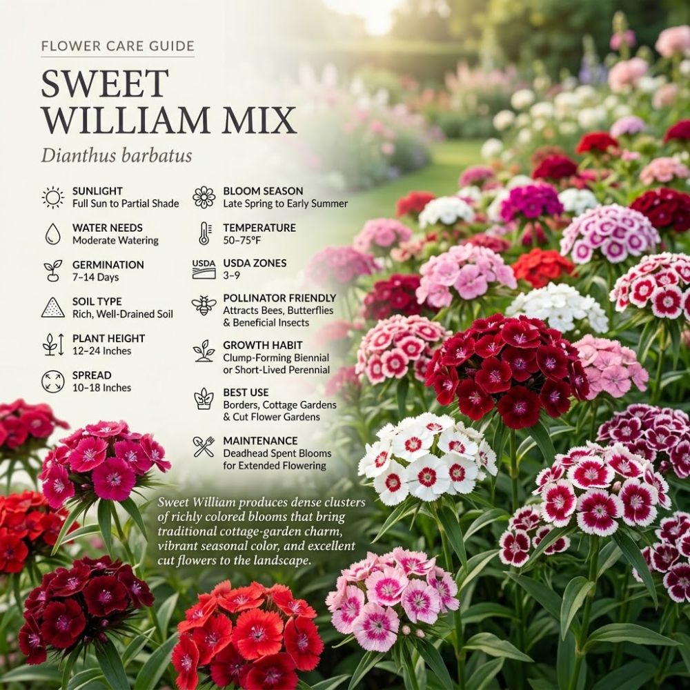 750 Pcs Sweet William Flower Seeds, Heirloom Dianthus Barbatus Mix for Planting, Fast-Growing Plants for Bright Sunlit Gardens