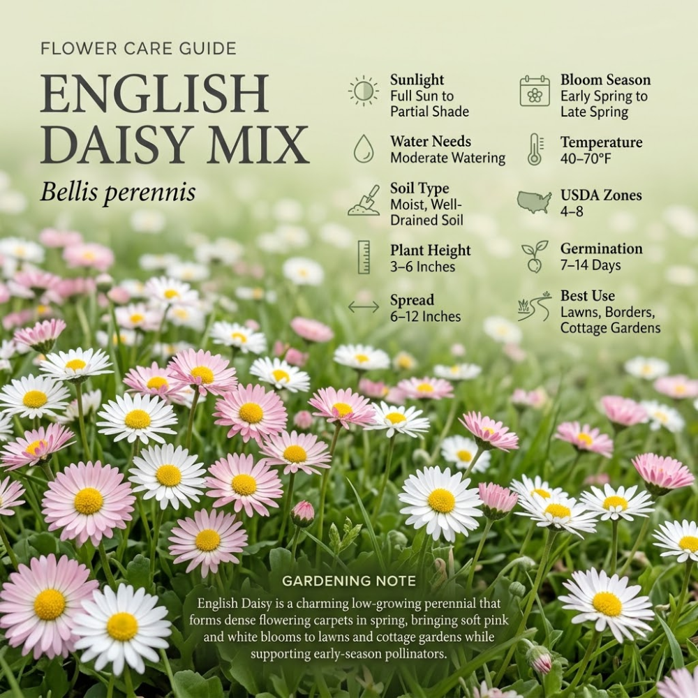 900 Pcs English Daisy Seeds Mixed for Outdoors, Non-GMO Heirloom Flowers for Patios, Easy to Care Outdoor Yard Decor