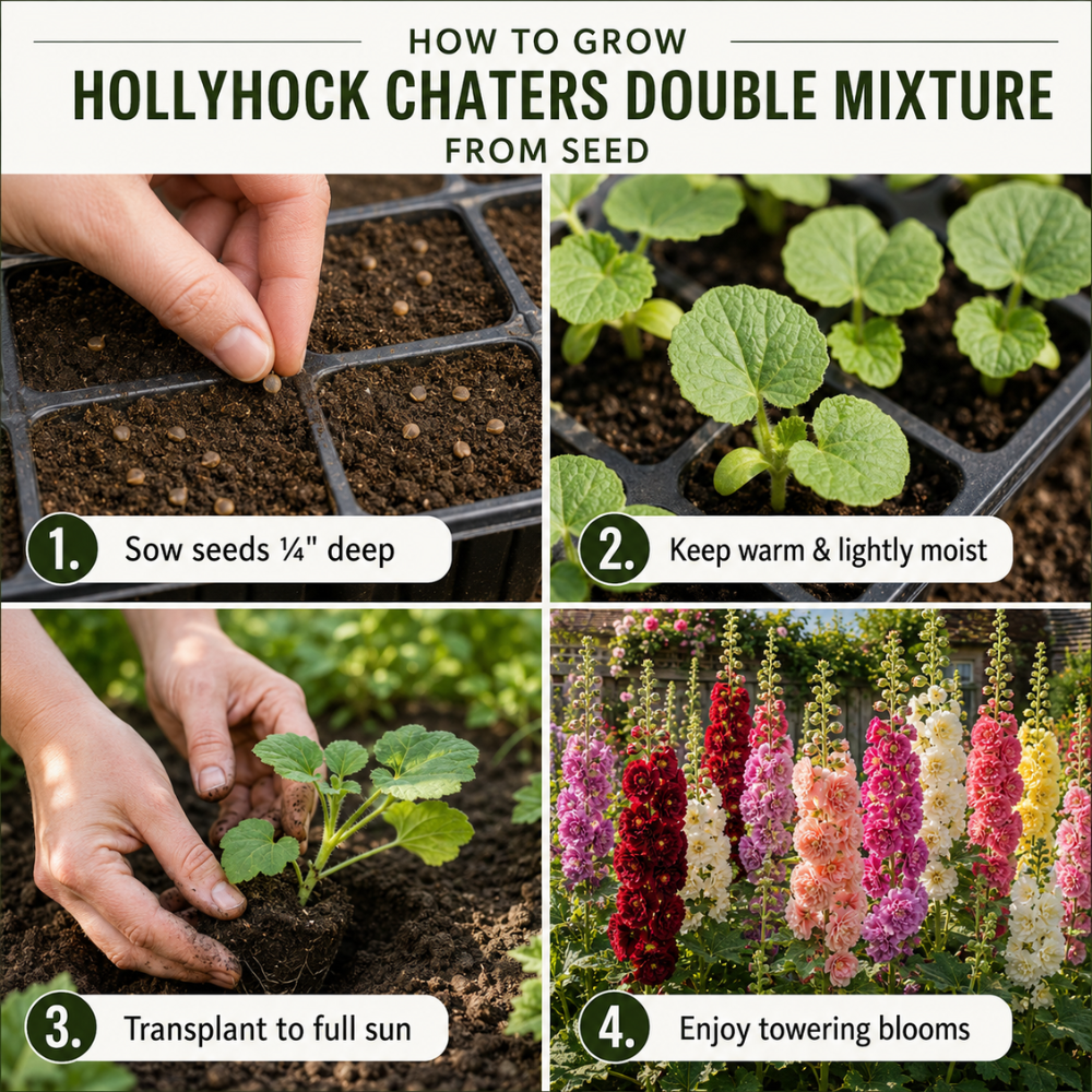 50 Hollyhock Chaters Mix Seeds for Planting Outdoors, Vigorous Non-GMO Heirloom Flower Seeds, Sturdy Tall & Striking Ruffled Blooms for Gardens