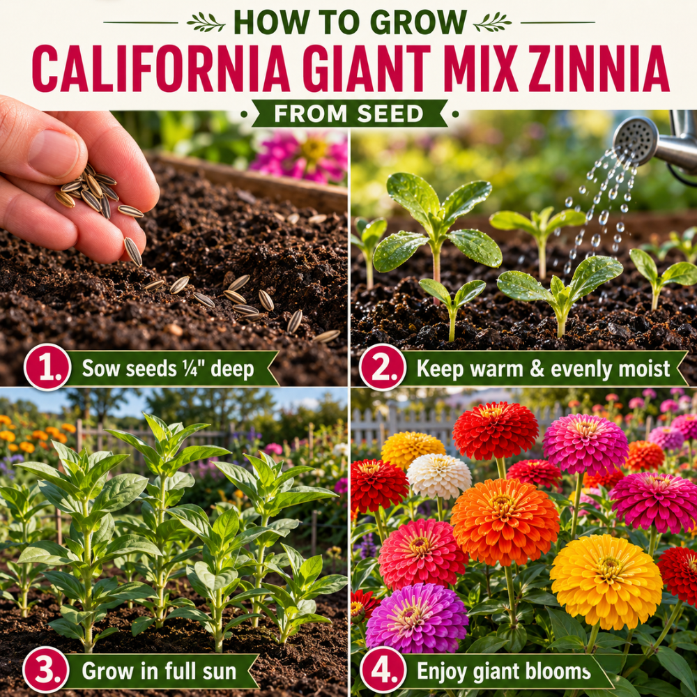 50 Dwarf Zinnia Seeds California Giant Mix for Planting Outdoors, Non-GMO Heirloom Flower Seeds, Sturdy Tall Stems & Striking Massive Blooms for Cutting Gardens