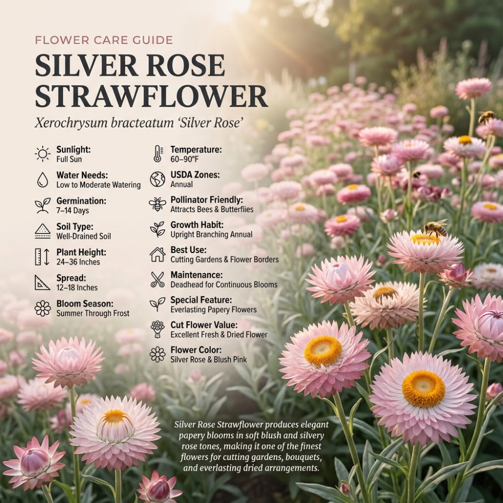 75 Pcs Silver Rose Strawflower Seeds, Vigorous, Heat-Tolerant Plants, Grow Robust Papery Blooms for Outdoor Landscapes