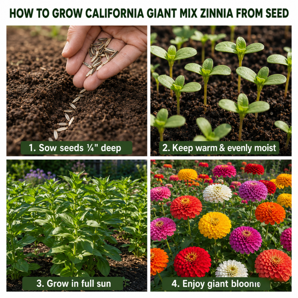 100 Zinnia Seeds, Heirloom California Giant Mix for Planting, Robust Low Maintenance Tall Flowers for Sunlit Yard Borders