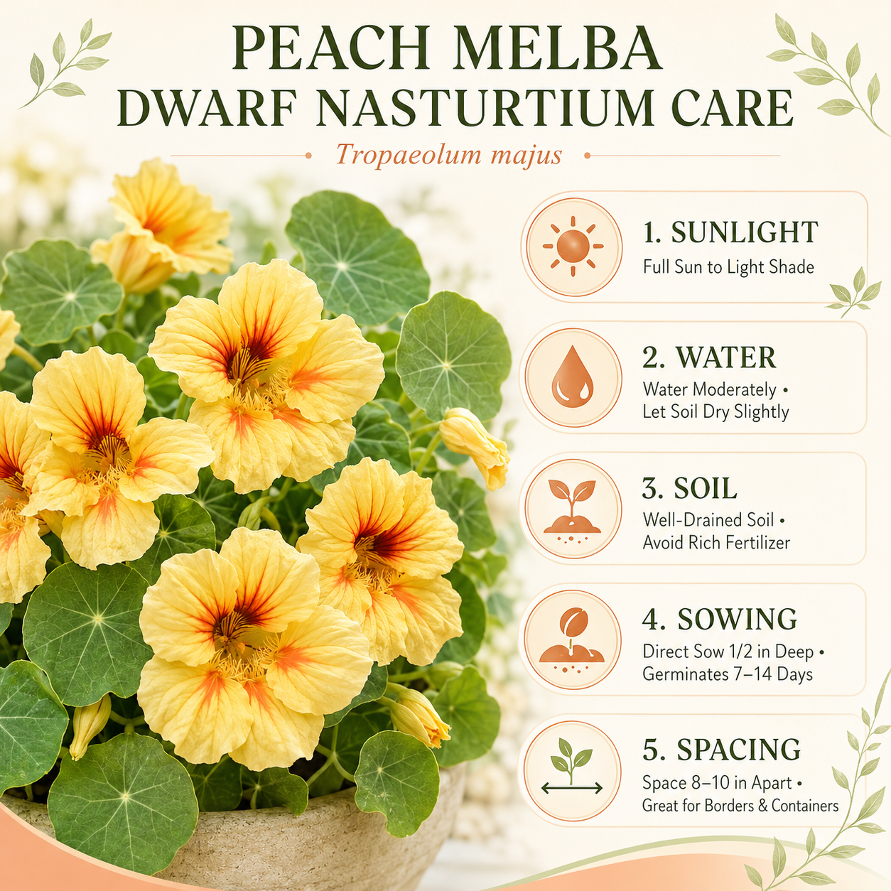 50 Peach Melba Nasturtium Seeds, Easy to Grow, Annual Flower Seeds, Spectacular Edible Flowers with Sweet Cream & Coral Tones, Ideal for Borders & Garden Accents