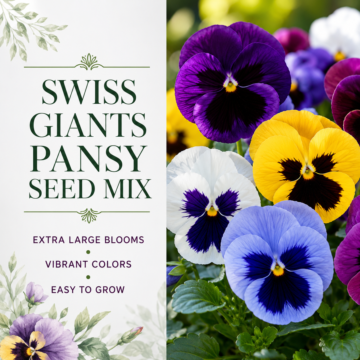 100 Swiss Giants Pansy Seeds Mix, Non GMO, Cold Hardy Flower Seeds, Long-Lasting, Vibrant Cool Season Blooms for Pots, Borders & Gardens