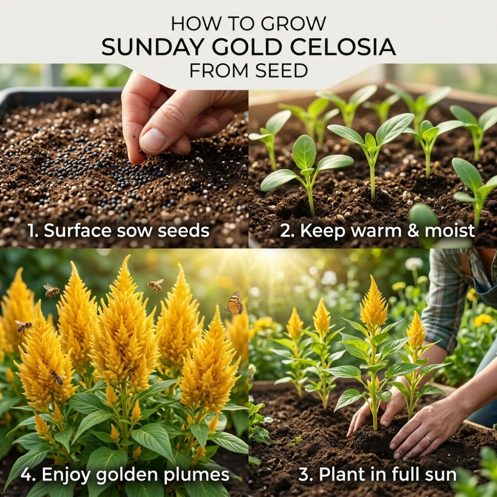 25 Pcs Sunday Gold Celosia Seeds for Planting Outdoors, Non-GMO Heirloom Plumed Flowers, Low Maintenance Yellow Feathery Blooms for Yard Borders