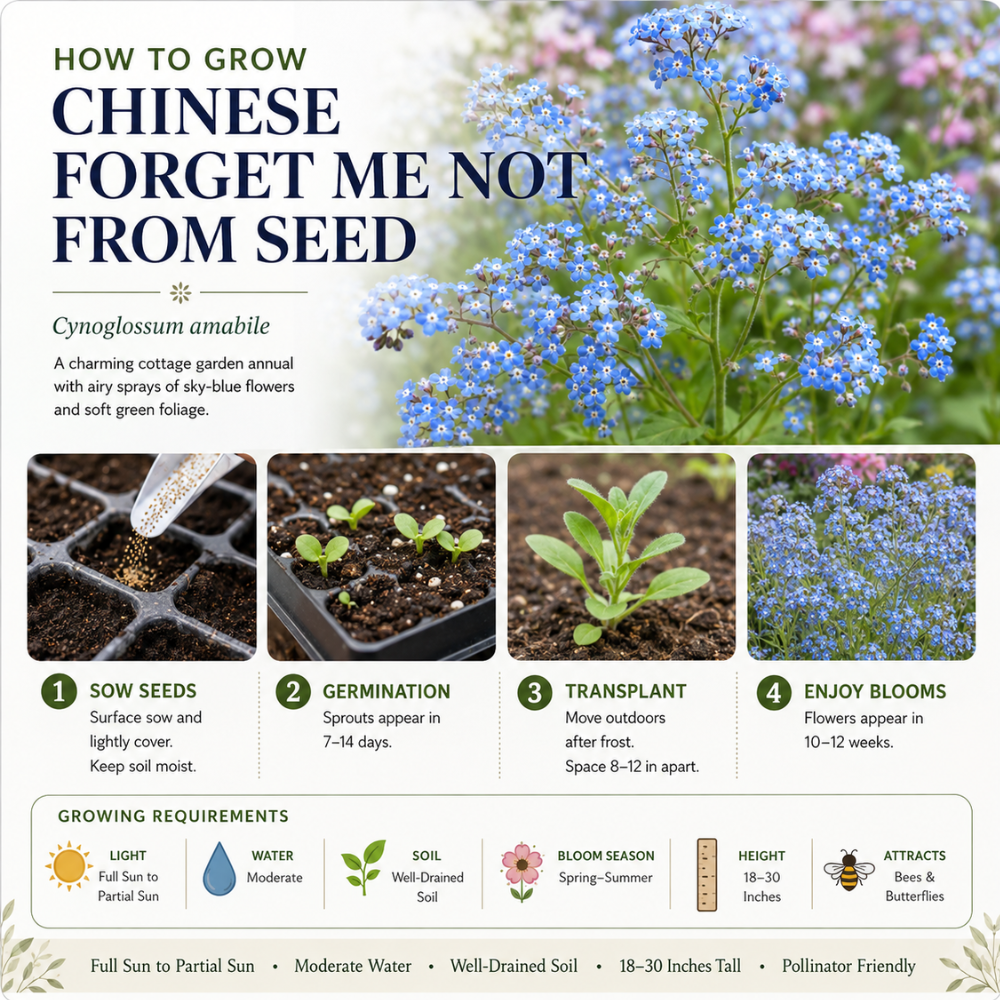 150 Pcs Chinese Forget Me Not Seeds for Planting Outdoors, Non-GMO Heirloom Blue Flowers, Low Maintenance Vigorous Blooms for Stunning Yard Borders