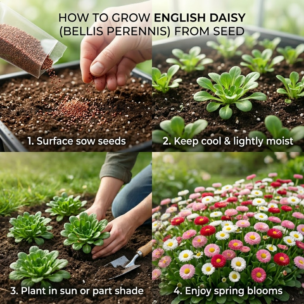 600 Pcs English Daisy Seeds Mix, Heirloom Bellis Perennis Mix for Planting, Fast-Growing Flowers for Charming Cool Season Gardens