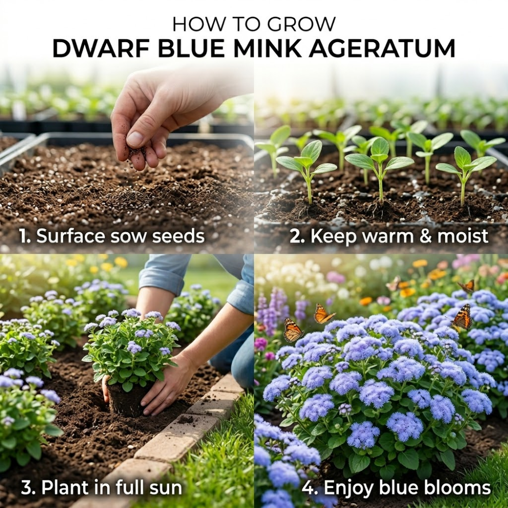 240 Pcs Blue Mink Ageratum Seeds by GINGERGLOW, Heirloom Dwarf Flowers for Planting, Fast-Growing Compact Plants for Bright Sunlit Gardens
