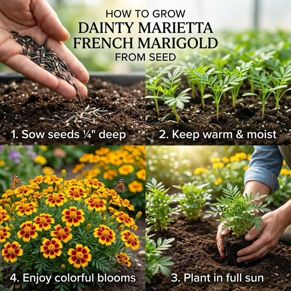 200 Pcs Dainty Marietta French Marigold Seeds for Planting Outdoors, Non-GMO Heirloom Dwarf Flowers, Low Maintenance Yellow & Maroon Blooms for Yard Borders