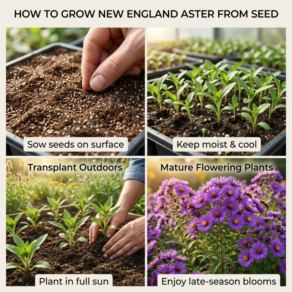 600 Pcs New England Aster Seeds, Heirloom Fall Blooming Flowers for Planting, Fast-Growing Perennial Plants for Bright Sunlit Gardens