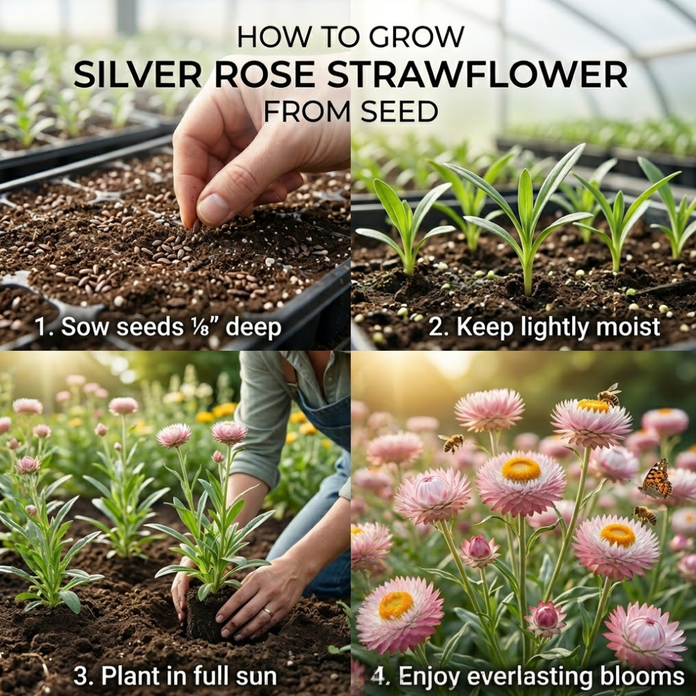 50 Pcs Silver Rose Strawflower Seeds for Planting Outdoors, Grow Robust, Easy to Care Papery Pink Blooms for Yard Borders