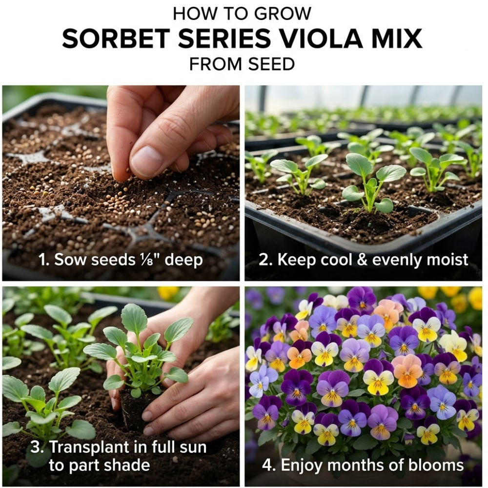 25 Sorbet Series Viola Mix Seeds for Planting Outdoors, Non-GMO Flower Seeds, Sturdy Low Maintenance Cold-Hardy Blooms for Patios
