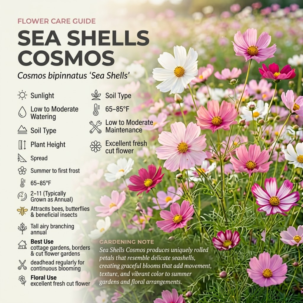 300 Pcs Sea Shells Cosmos Seeds for Outdoors, Cultivate Robust Feathery Foliage & Bright Fluted Flowers, Easy to Care Outdoor Yard Decor