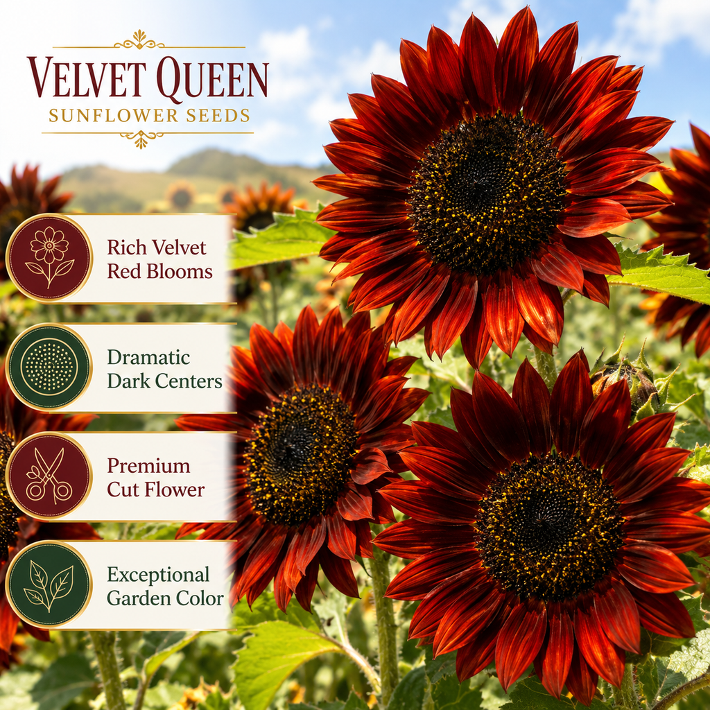 25 Velvet Queen Sunflower Seeds, Non-GMO Helianthus annuus Seeds, Easy Care, Vibrant Tall Multi-Branching Dark Red Velvet Flower for Cut Garden