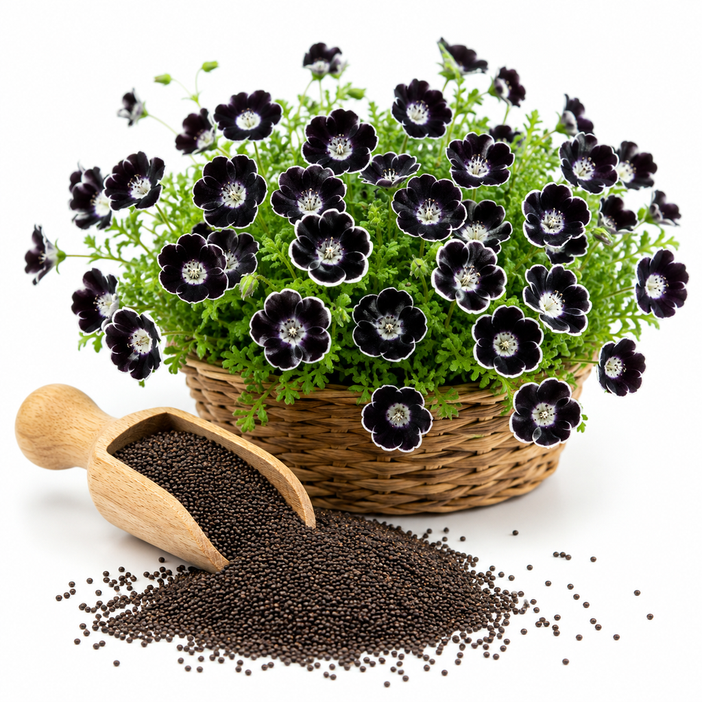 50 Pcs Penny Black Nemophila Seeds, Non GMO, Low Maintenance, Striking Deep Purple-Black Blooms for Patio Containers & Pollinator Gardens