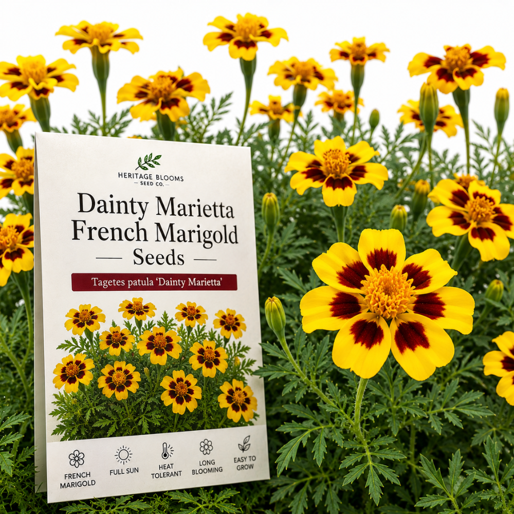 200 Pcs Dainty Marietta French Marigold Seeds for Planting Outdoors, Non-GMO Heirloom Dwarf Flowers, Low Maintenance Yellow & Maroon Blooms for Yard Borders