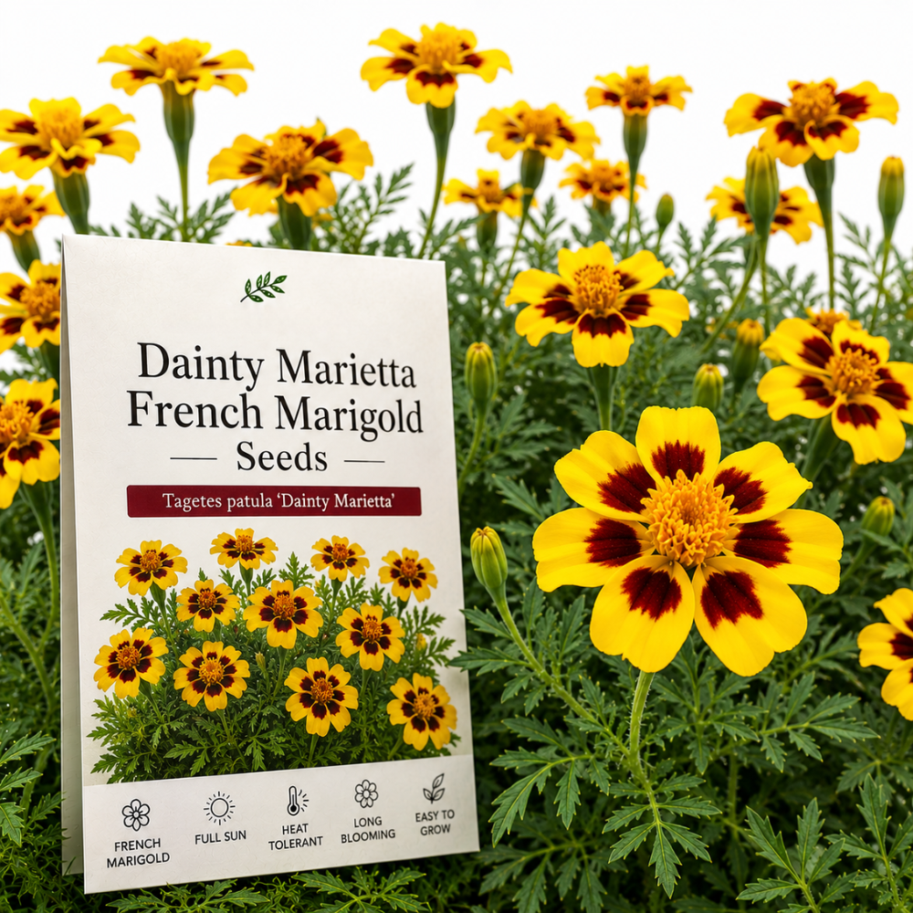 200 Pcs Dainty Marietta French Marigold Seeds for Planting Outdoors, Non-GMO Heirloom Dwarf Flowers, Low Maintenance Yellow & Maroon Blooms for Yard Borders