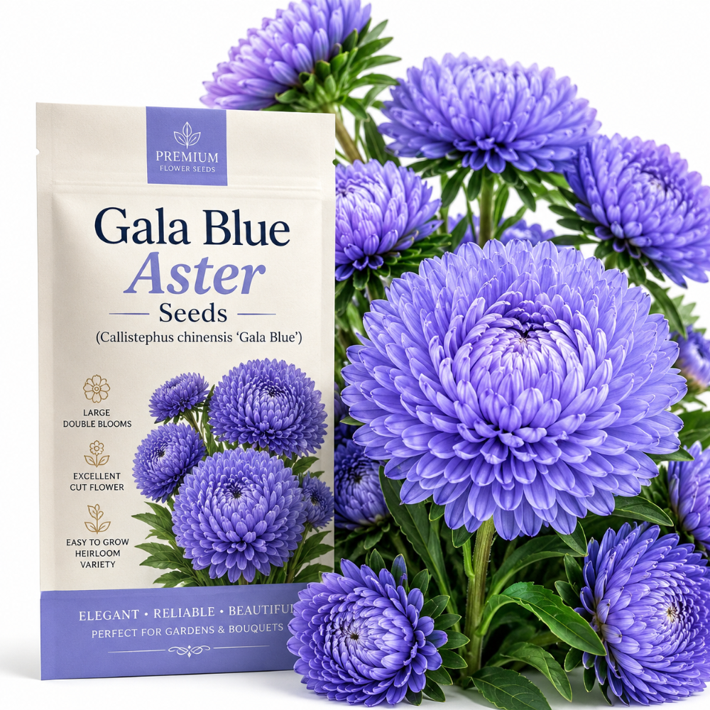 25 Pcs Gala Blue Aster Seeds for Planting Outdoors, Non-GMO Heirloom Fall Flowers, Low Maintenance Vibrant Violet-Blue Blooms for Yard Borders